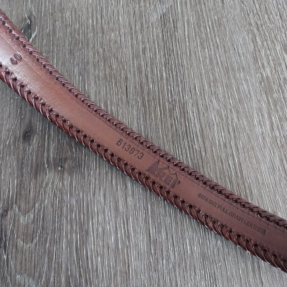 Vintage REI Tapestry Brown Leather Belt Solid Brass Buckle Size 40